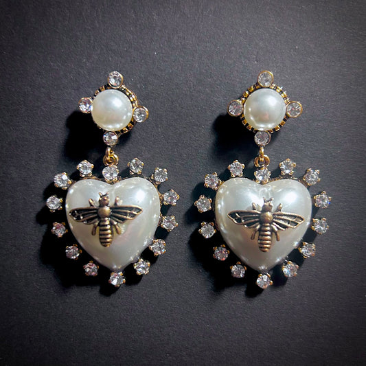 Pearl, Bee & Rhinestone Heart Antiqued Gold Stud Statement Earrings