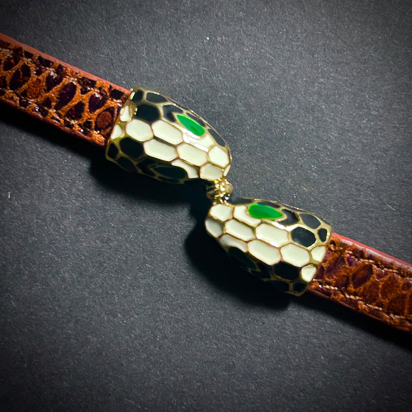 Enamel Snake Head & Brown Snake Skin Embossed Leather Bracelet