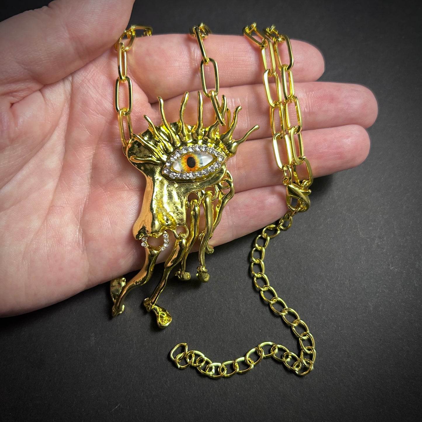 Yellow Eyes Dripping Metal Fringe, Gold & Rhinestones Necklace