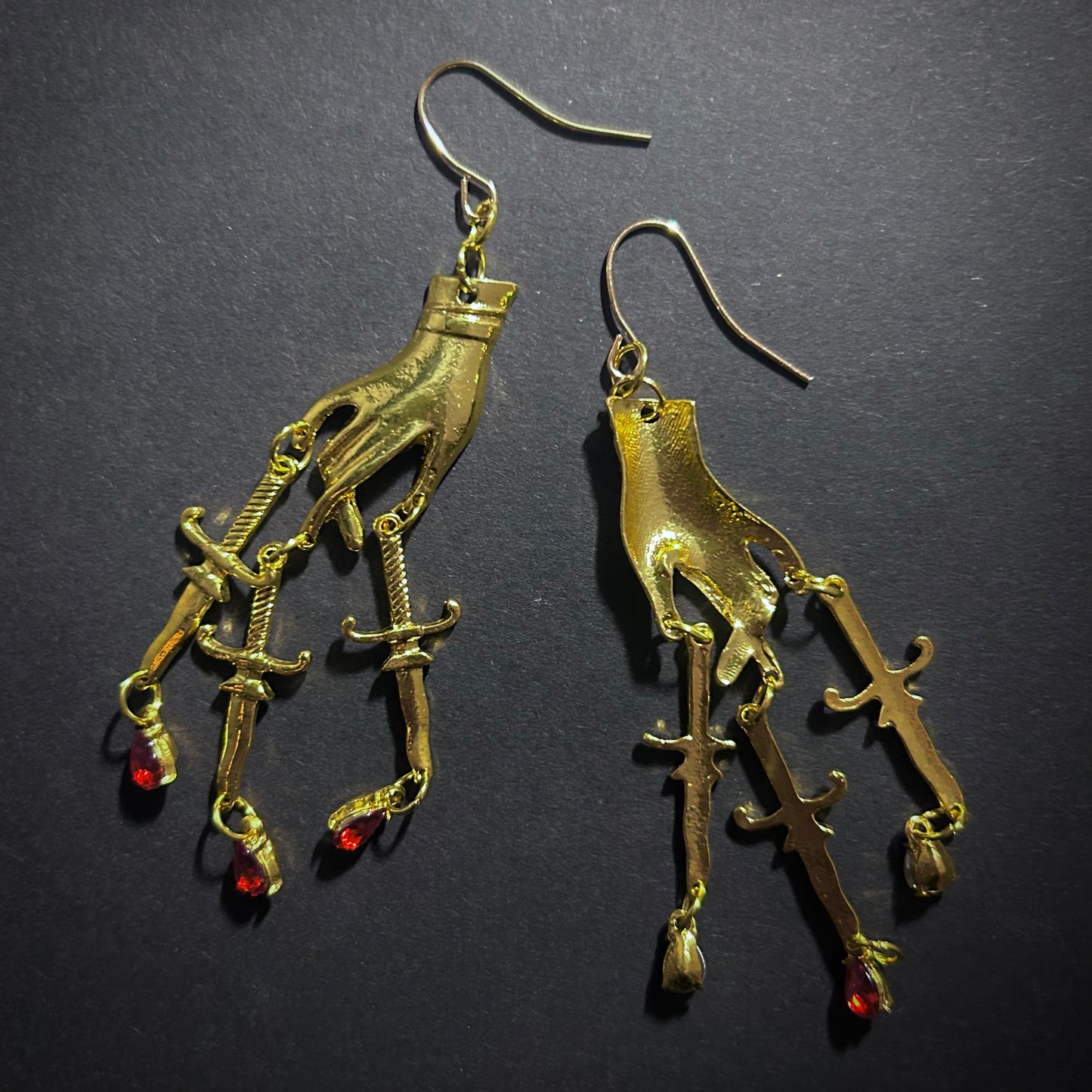 Hand, Dagger & Blood Drops Bad-Ass Golden Chandelier Earrings