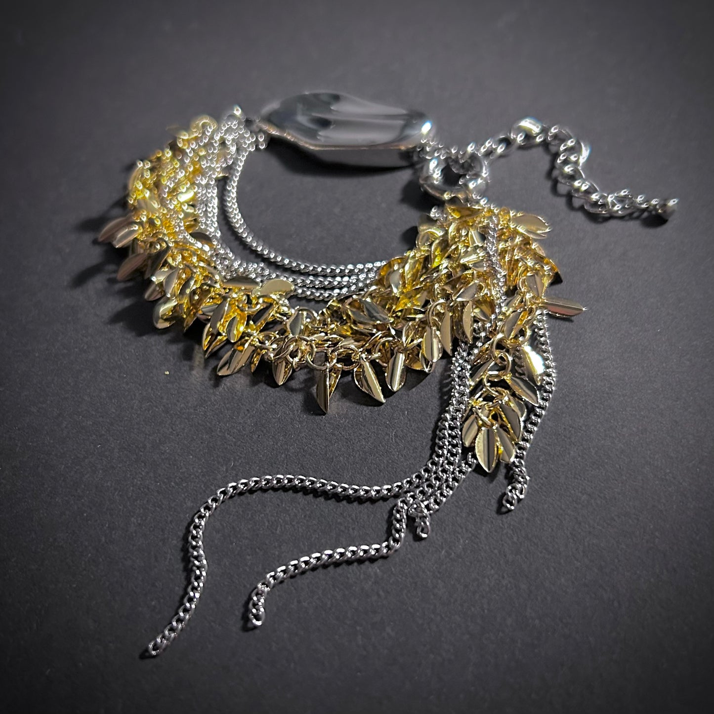 Leaves & Chain Organic Shaped Mixed Metal Statement Bracelet