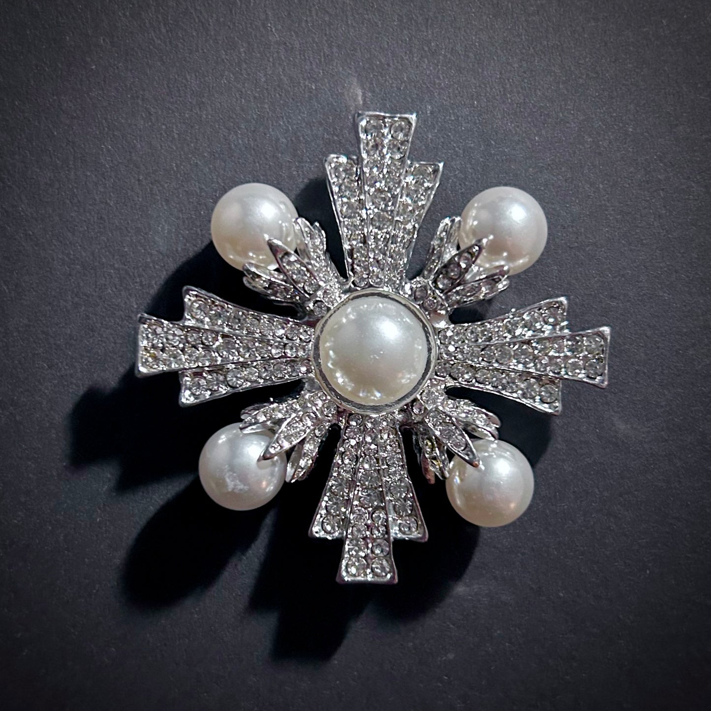 Art Deco Silver and Pearl Maltese Cross Rhinestone Brooch