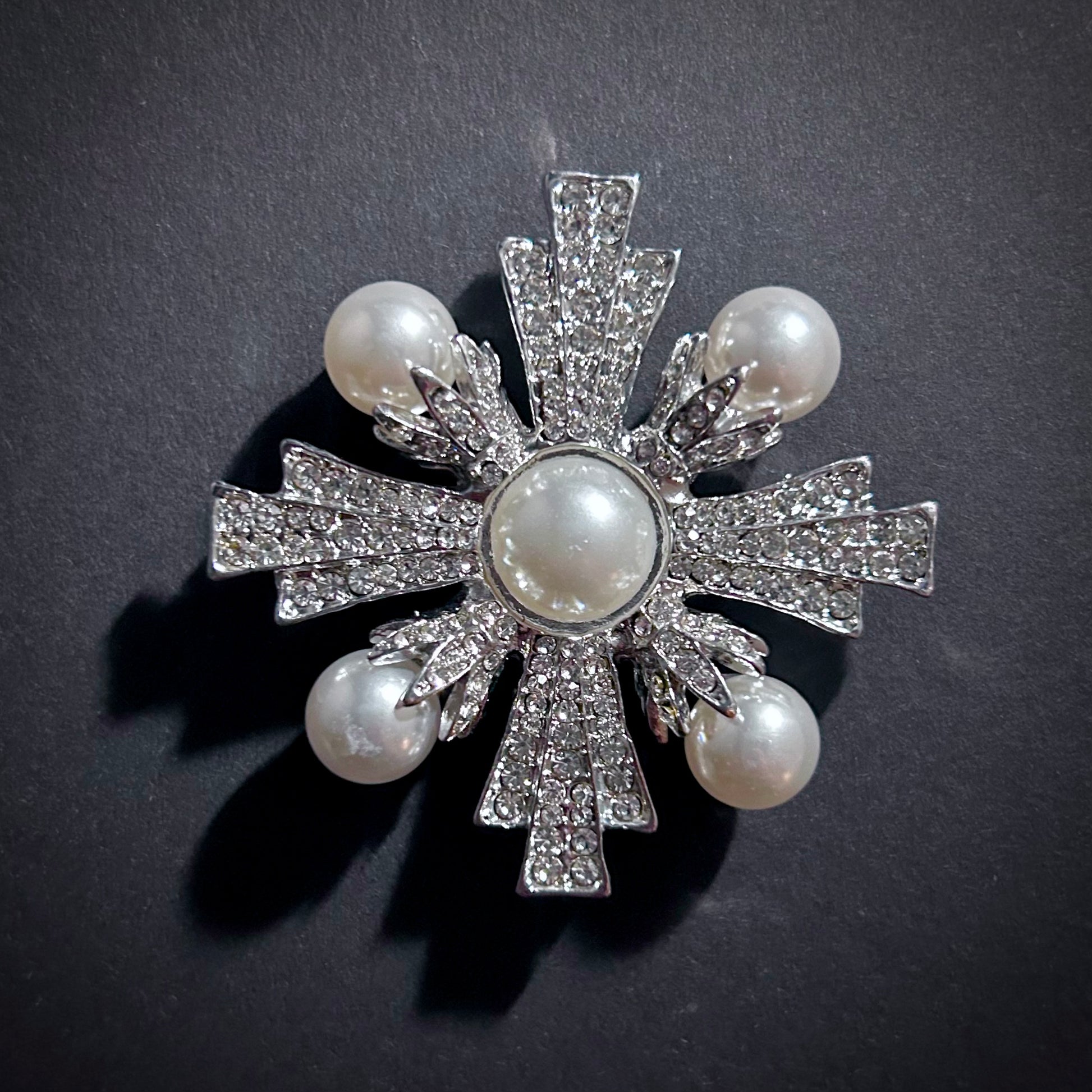 Art Deco Silver and Pearl Maltese Cross Rhinestone Brooch