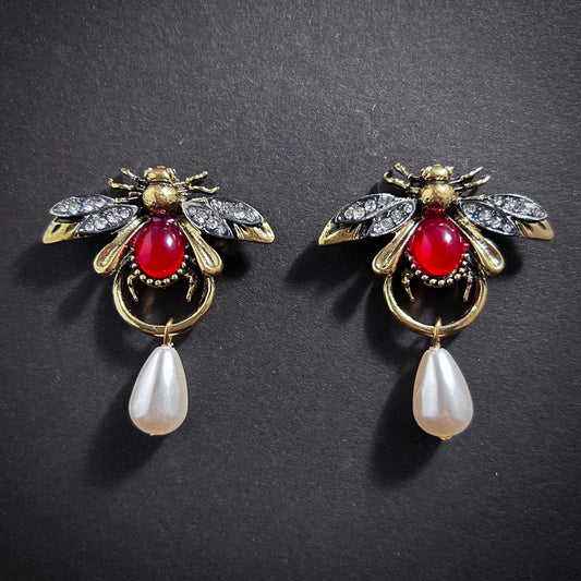 Bee, Ruby & White Pearl Gold Earrings