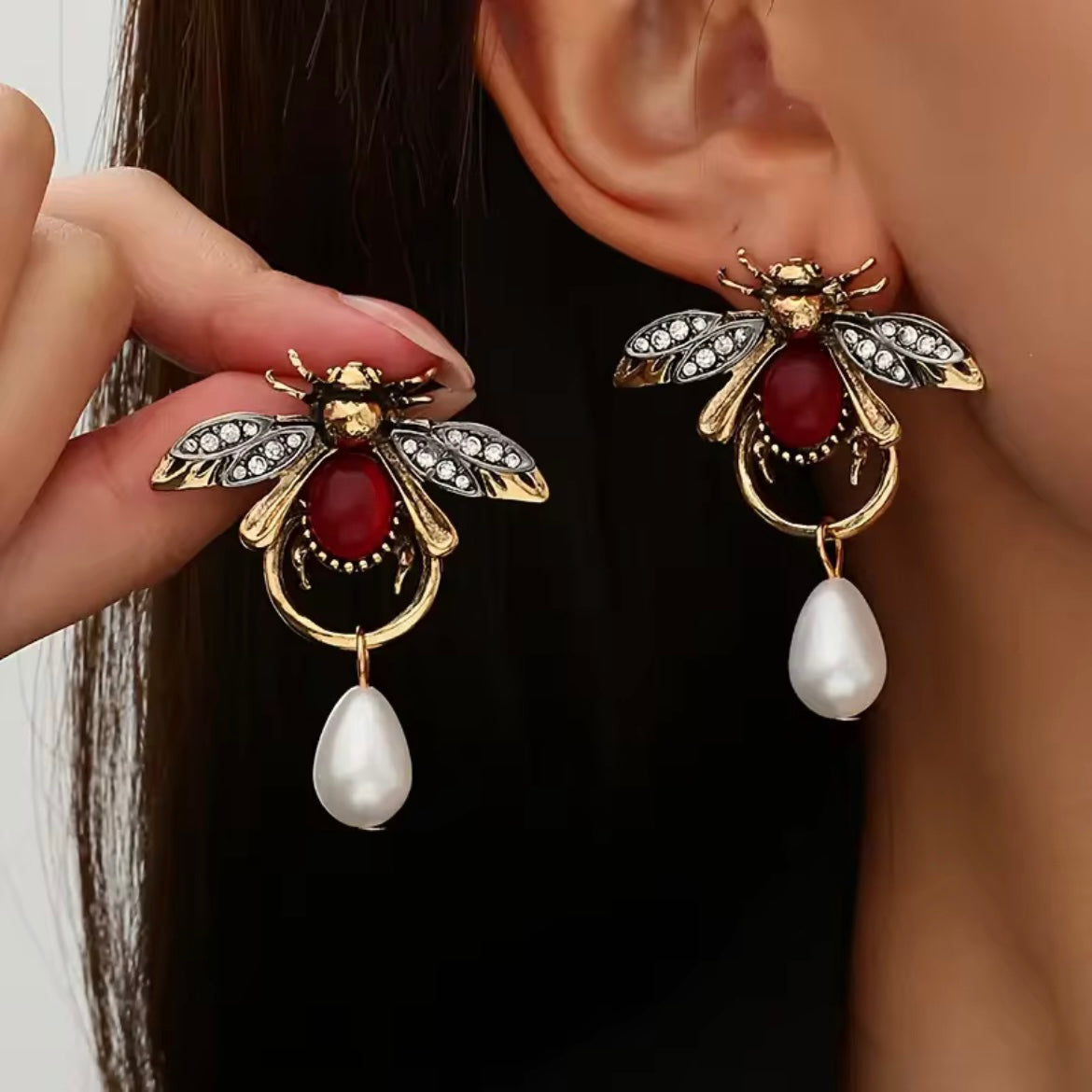 Bee, Ruby & White Pearl Gold Earrings