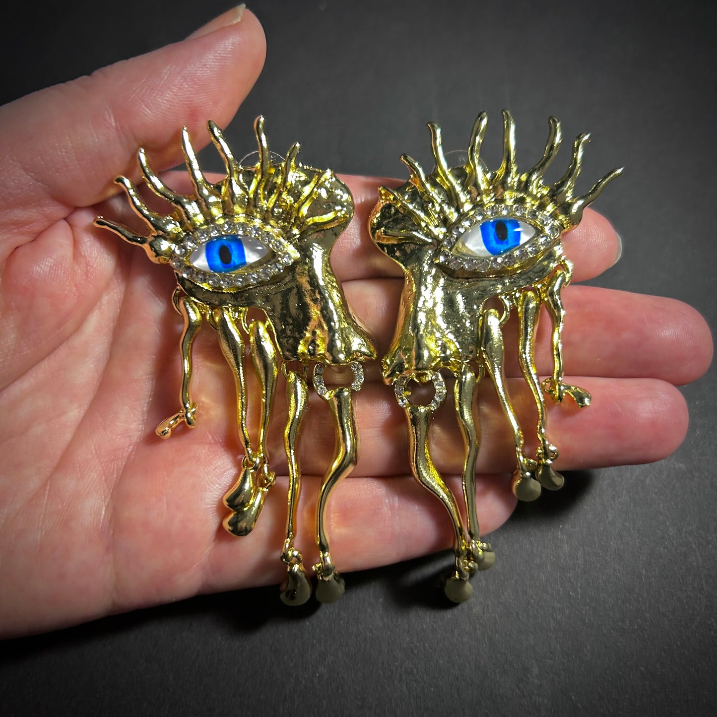 Blue Eyes & Dripping Metal Gold Fringe Surrealist Earrings