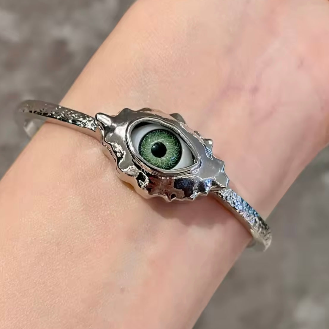 Green Eye & Silver Surrealist Bangle Braclet