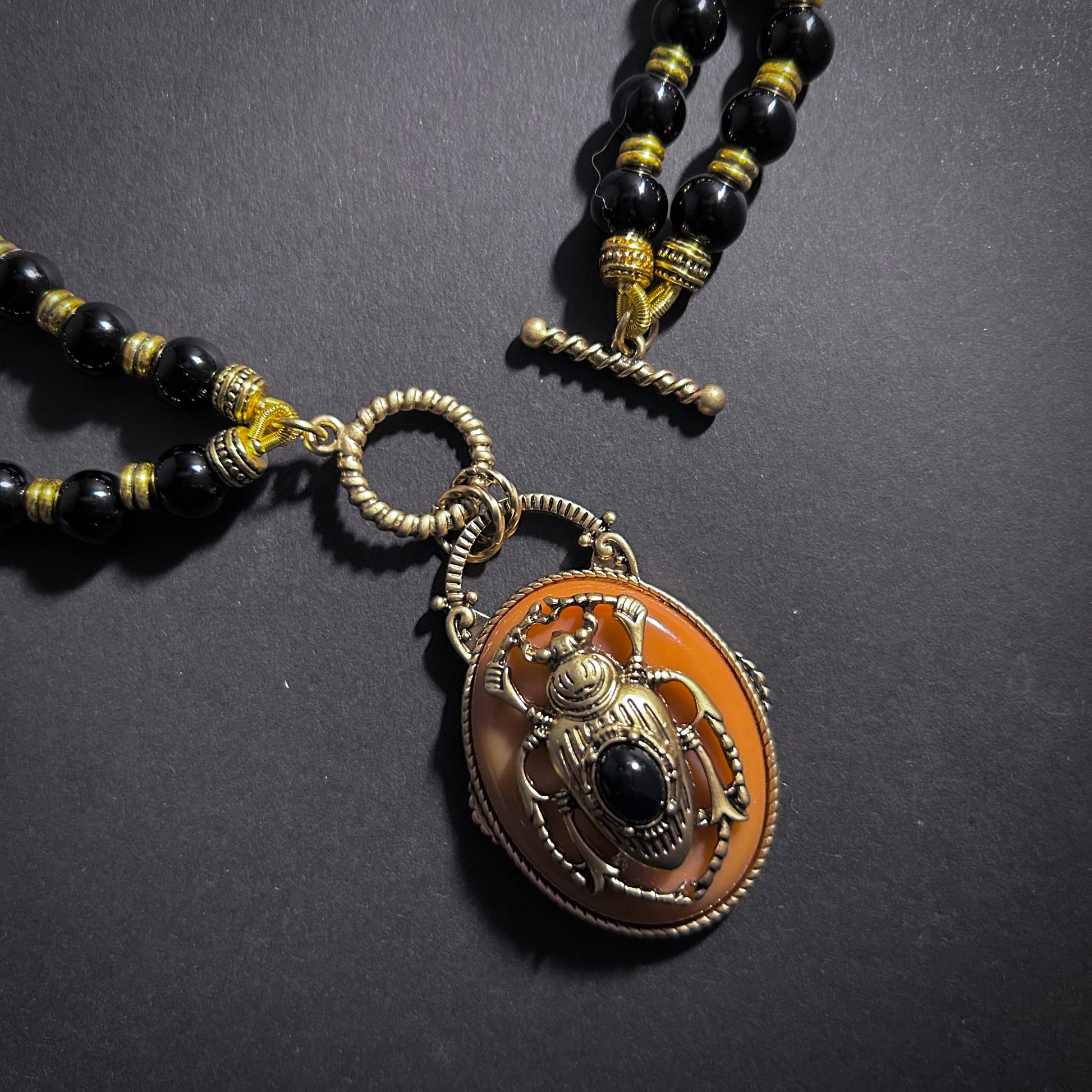 Scarab Beetle Orange Enamel & Antiqued Gold Statement Toggle Necklace