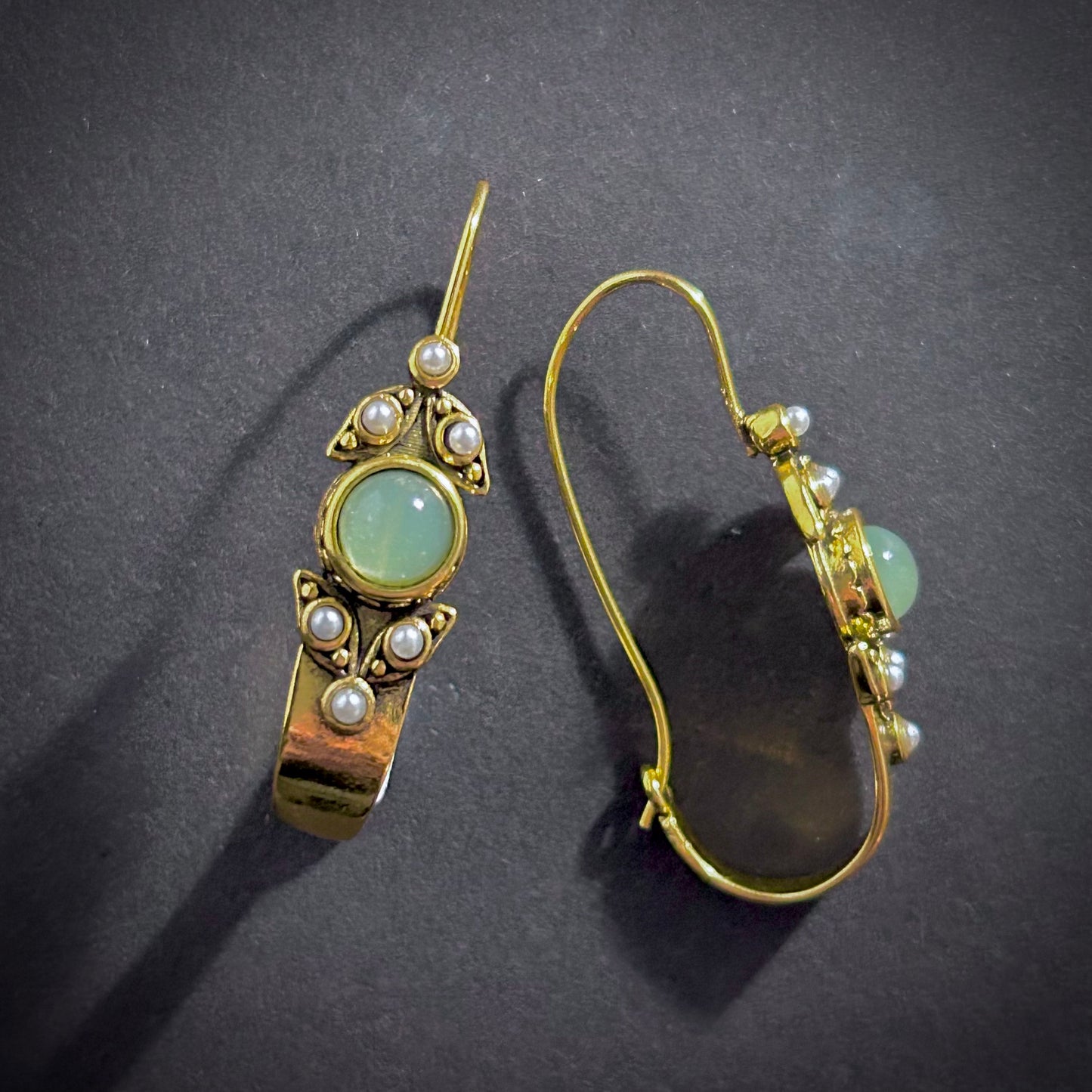 Art Nouveau Hoop Earrings in Jade, Pearl & Gold