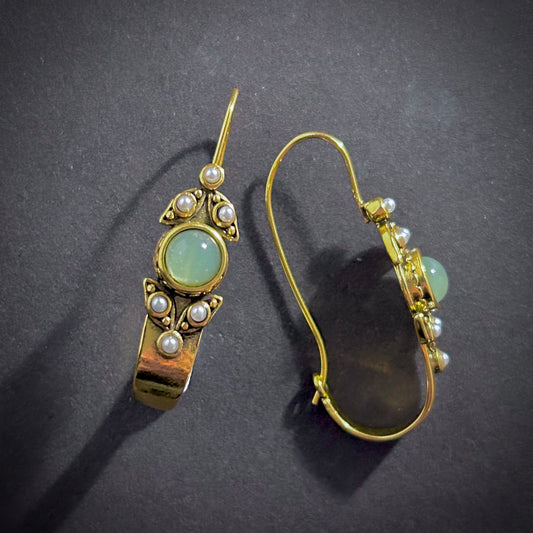 Art Nouveau Hoop Earrings in Jade, Pearl & Gold