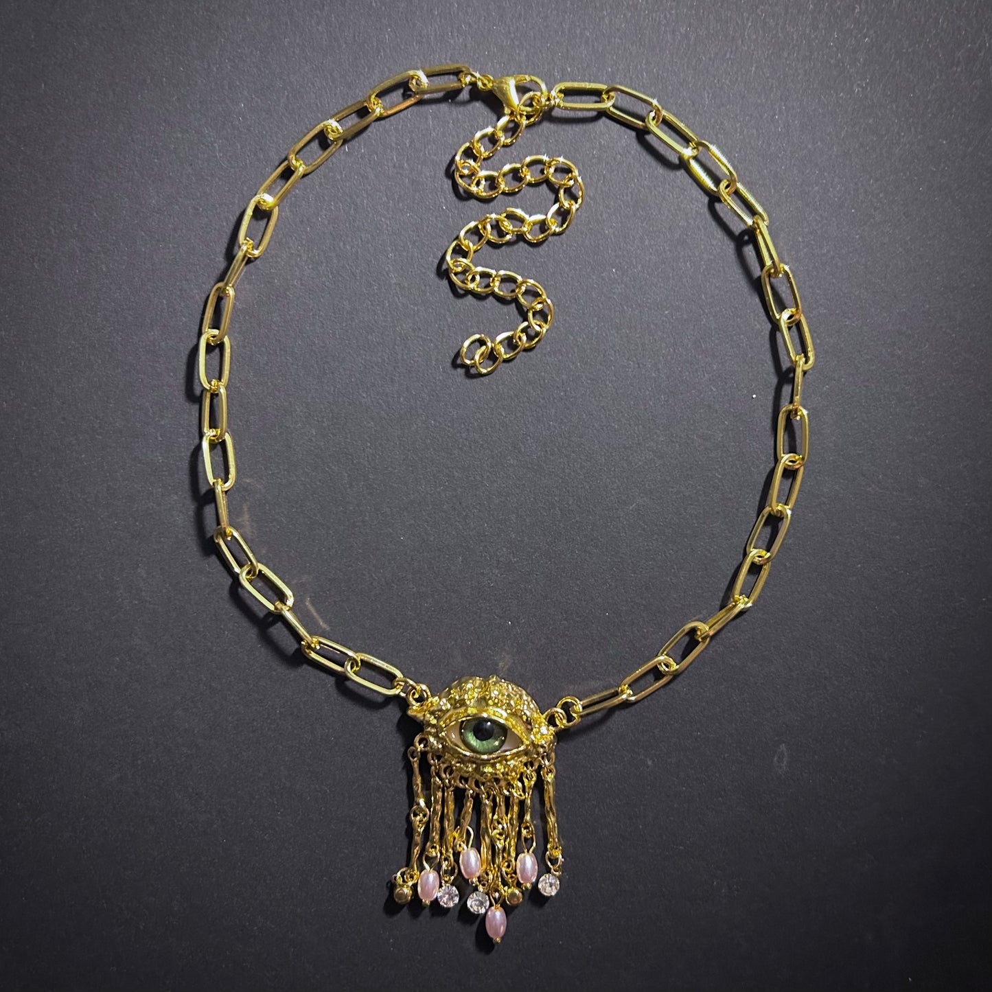 Green Eyes & Baroque Pearl Gold Fringe Pendant Surrealist Necklace