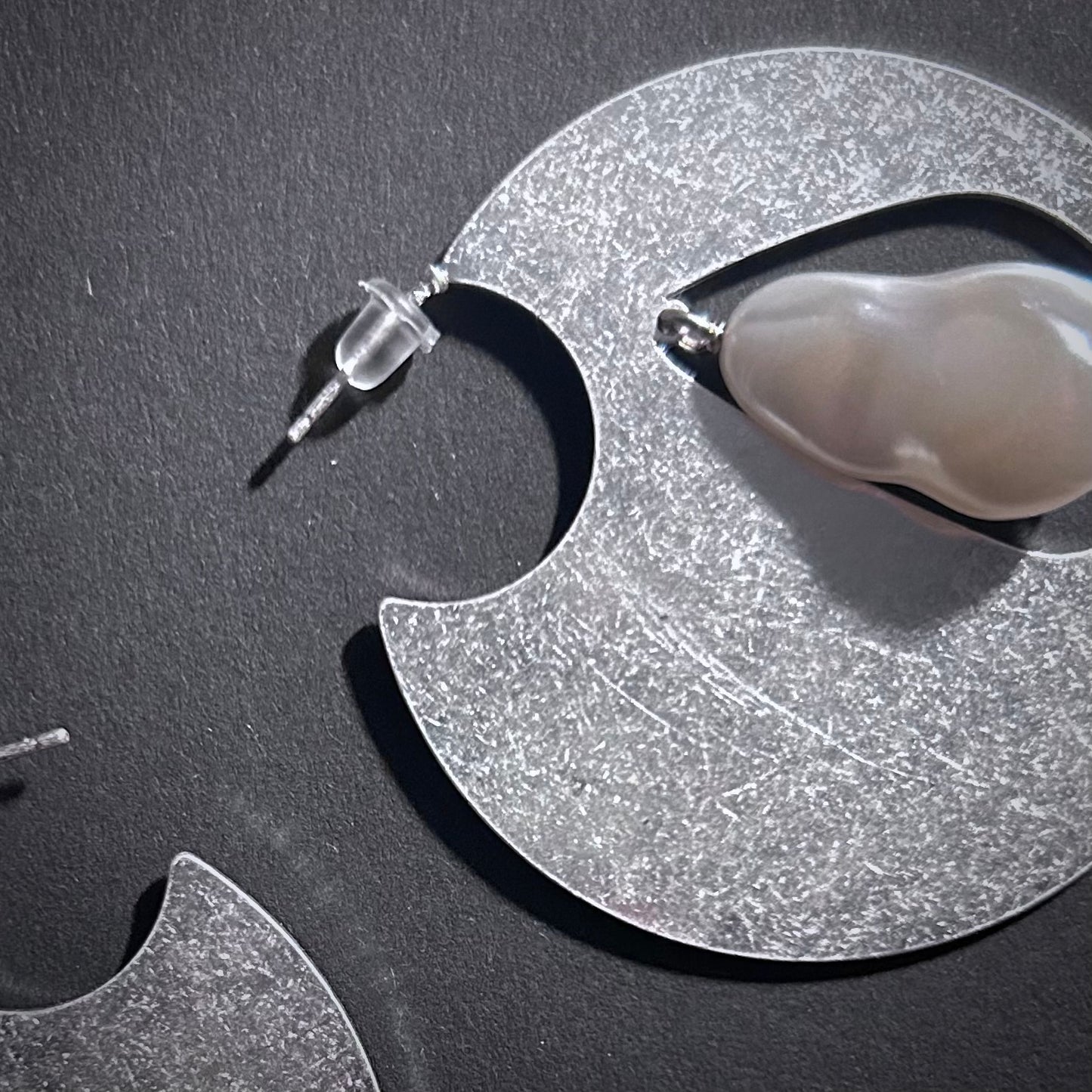 Silver Solid Circle & White Teardrop Baroque Pearl Earrings