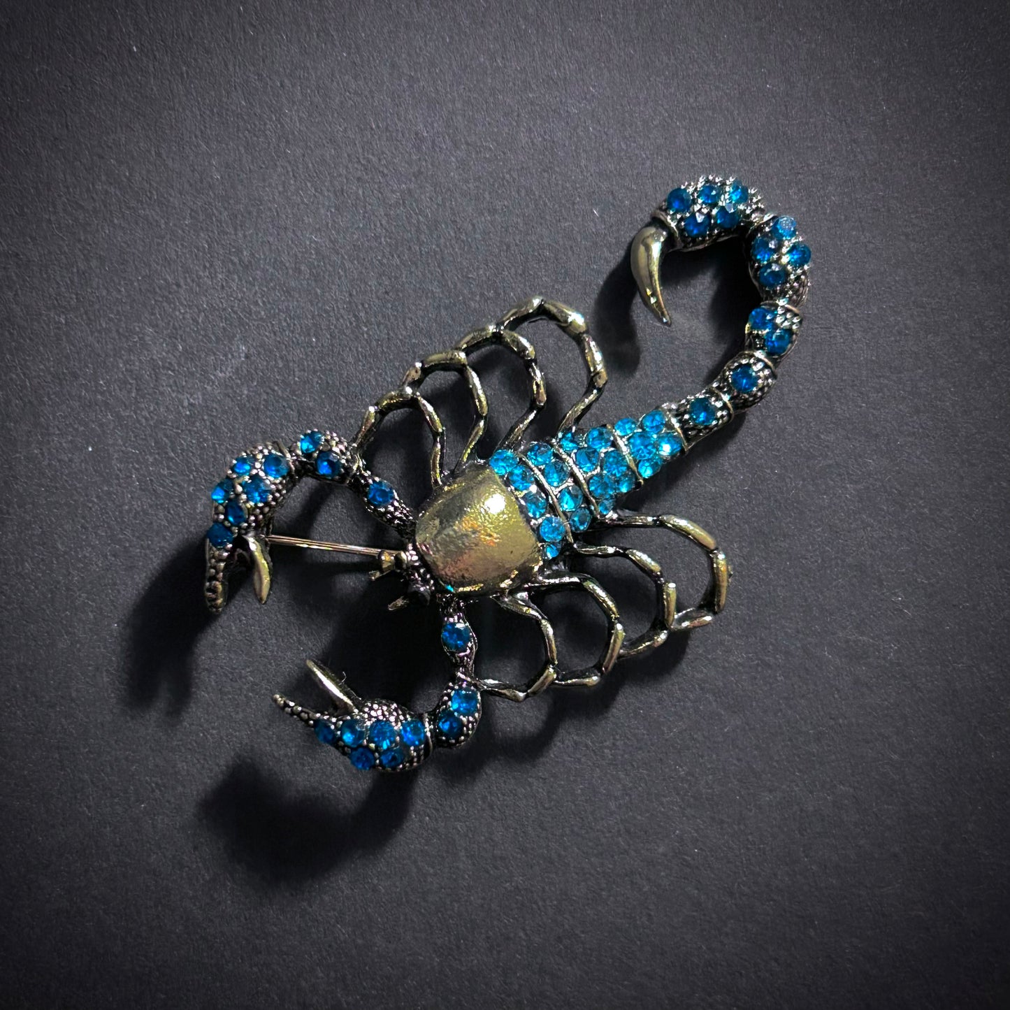 Gold Scorpion Brooch with Turquoise & Clear Rhinestones