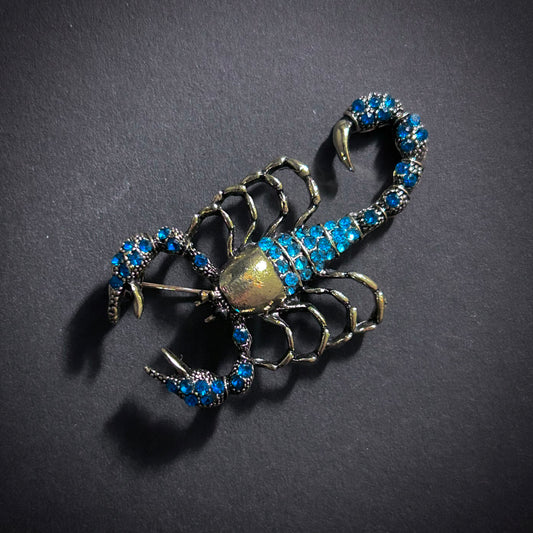 Gold Scorpion Brooch with Turquoise & Clear Rhinestones