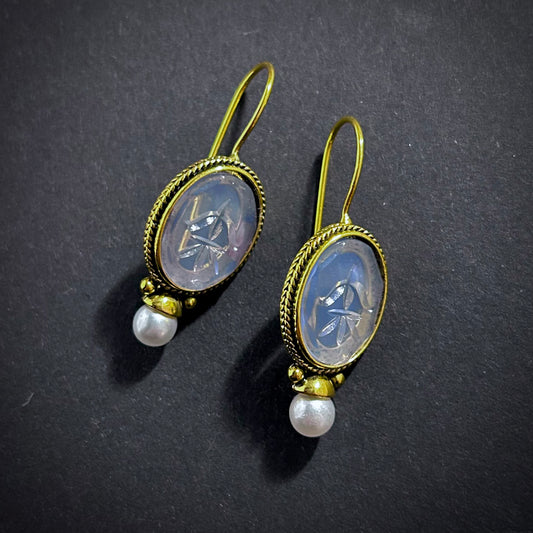 Art Nouveau Etched Light Blue Stone and White Pearl Gold Earrings