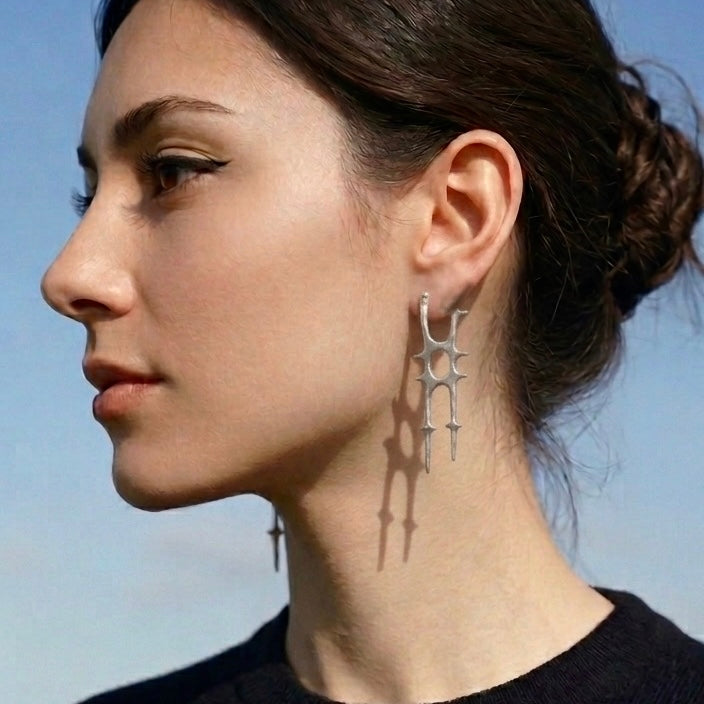 Geometric Spike & Hollow Punk Earrings in Silver
