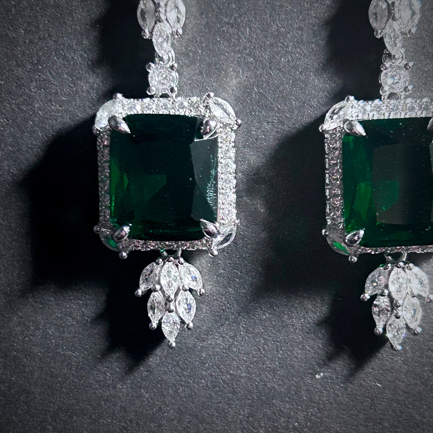 Ornate Emerald Rectangle Dangle Stud Earrings