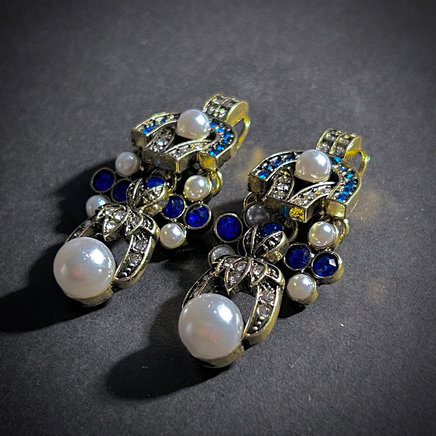 Art Deco Pearl & Turquoise Gold Earrings