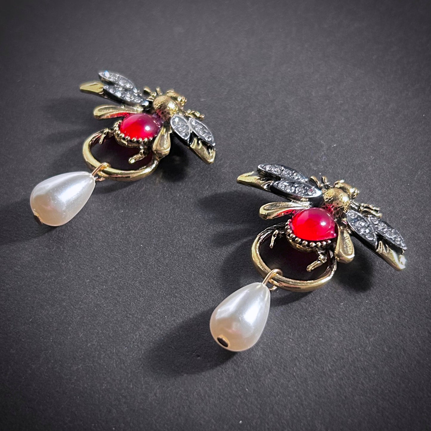 Bee, Ruby & White Pearl Gold Earrings