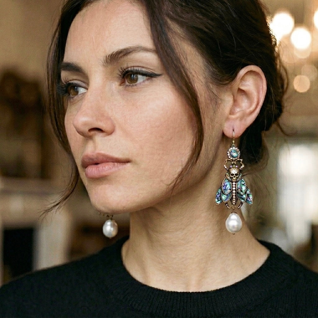 Moth, Skull & Baroque Freshwater Pearl Abalone Statement Earrings