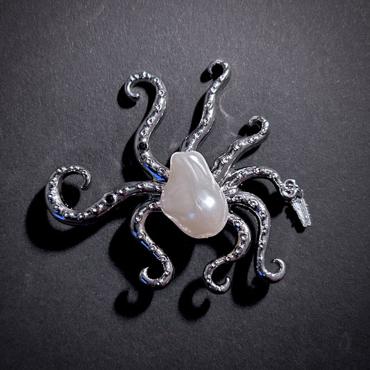 Octopus & Baroque Pearl Silver Brooch