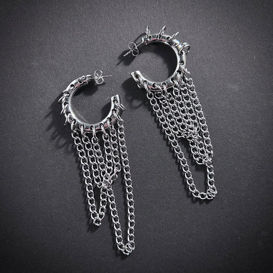 Pierced Hoop Long Chain Silver Punk Earrings