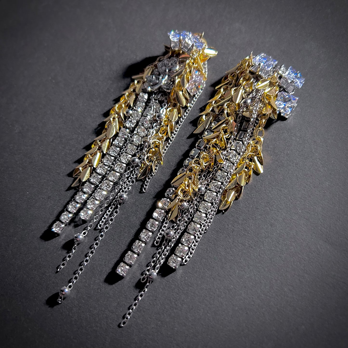 Leaves, Chains & Cubic Zirconia Mixed Metal Tassel Statement Earrings