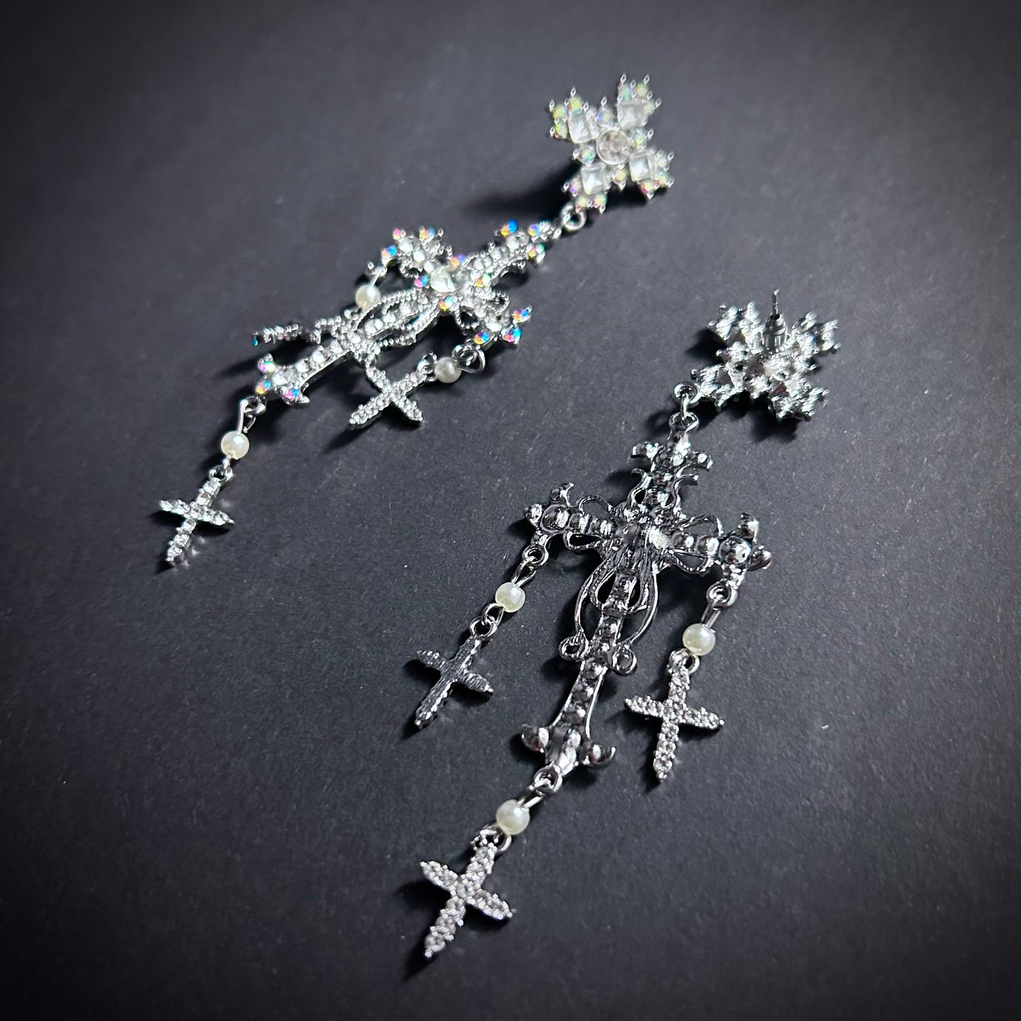 Cross Chandelier Earrings in Silver & Rhinestones