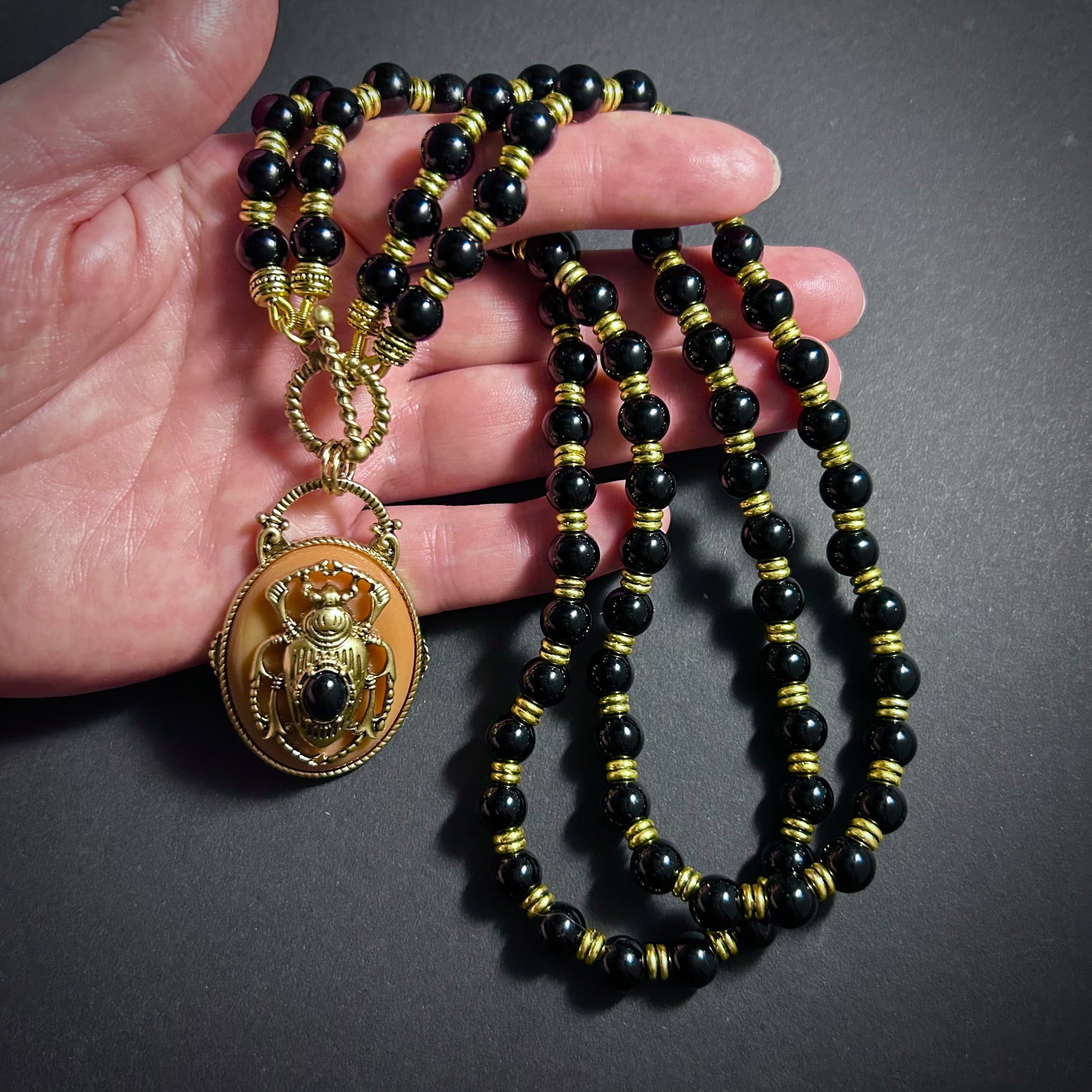 Scarab Beetle Orange Enamel & Antiqued Gold Statement Toggle Necklace