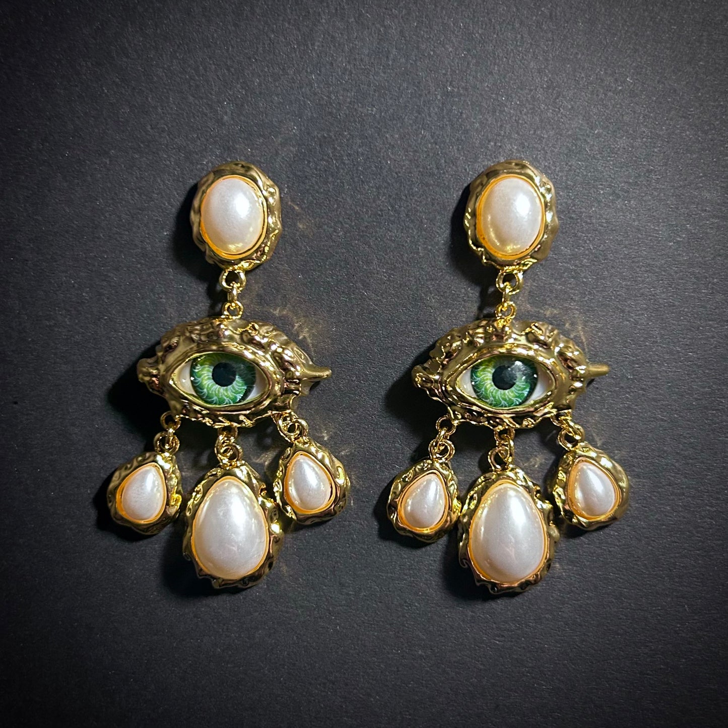 Green Eyes & White Pearls Chandelier Earrings