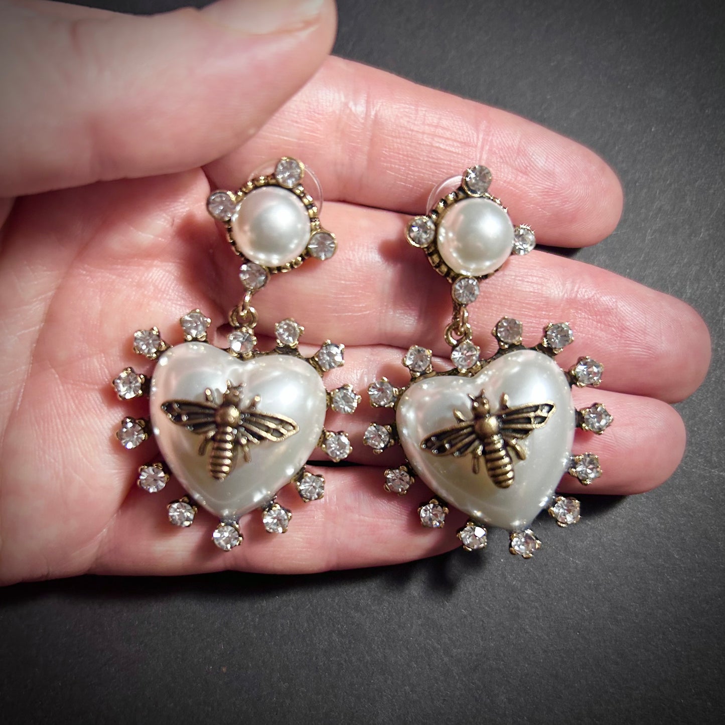 Pearl, Bee & Rhinestone Heart Antiqued Gold Stud Statement Earrings