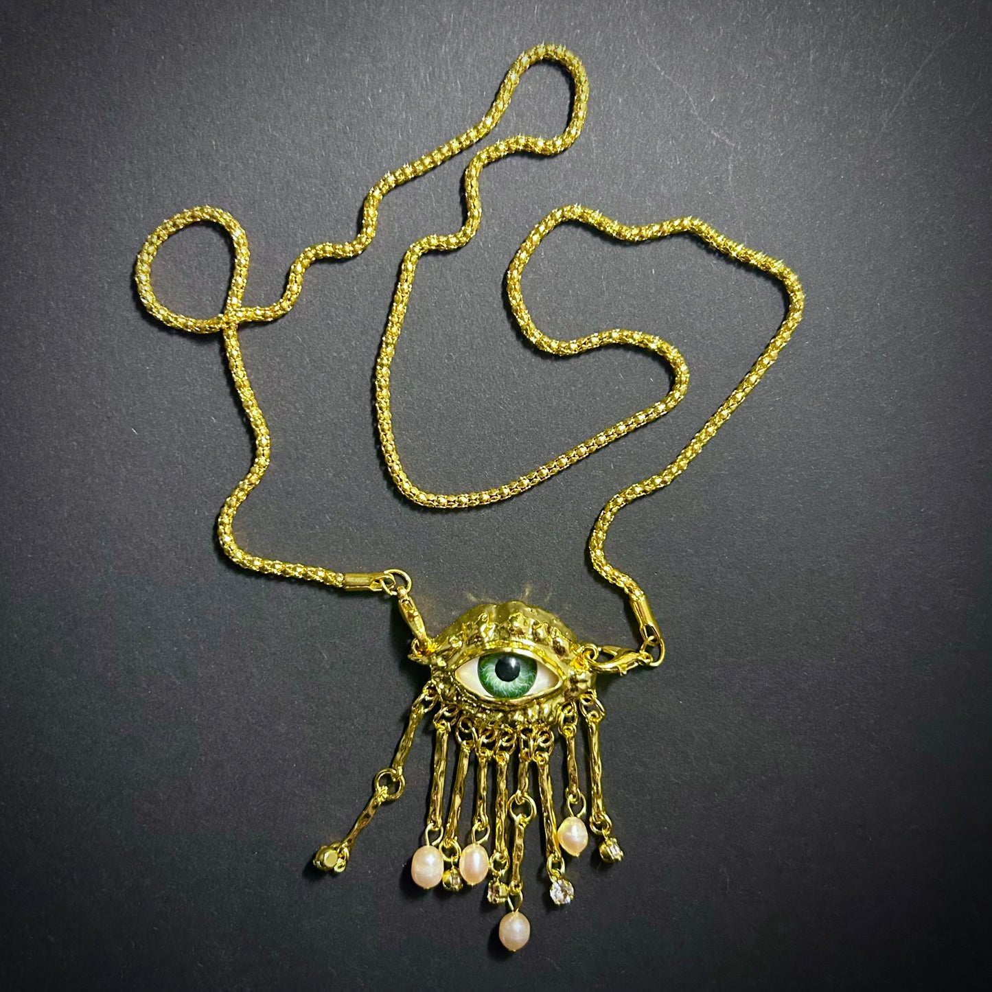 Green Eyes & Baroque Pearl Gold Fringe Pendant Surrealist Necklace