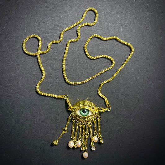 Green Eyes & Baroque Pearl Gold Fringe Pendant Surrealist Necklace