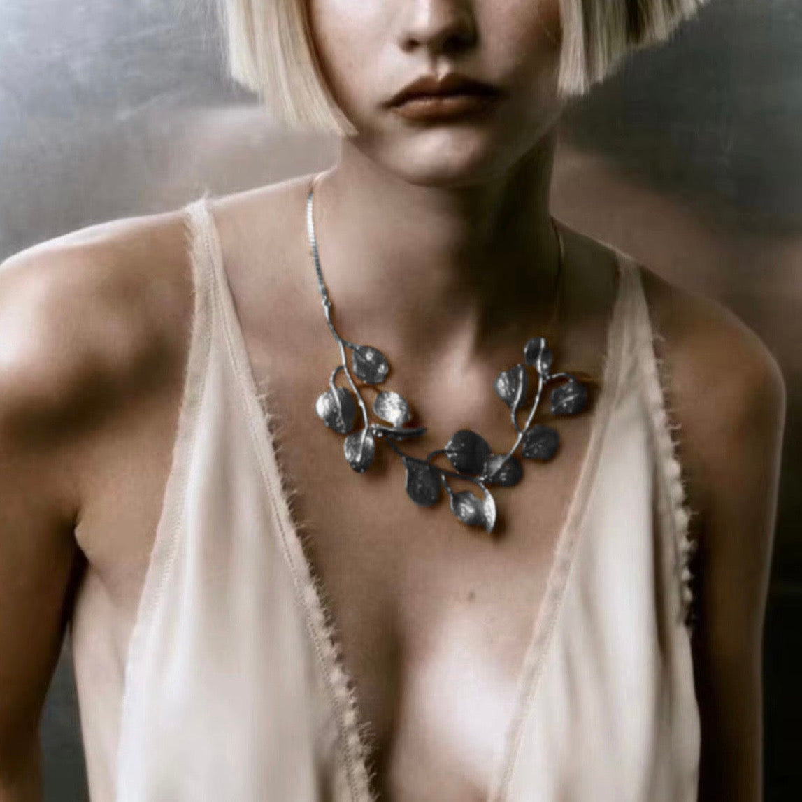 Silver Leaf & Branch Statement Bib Necklace