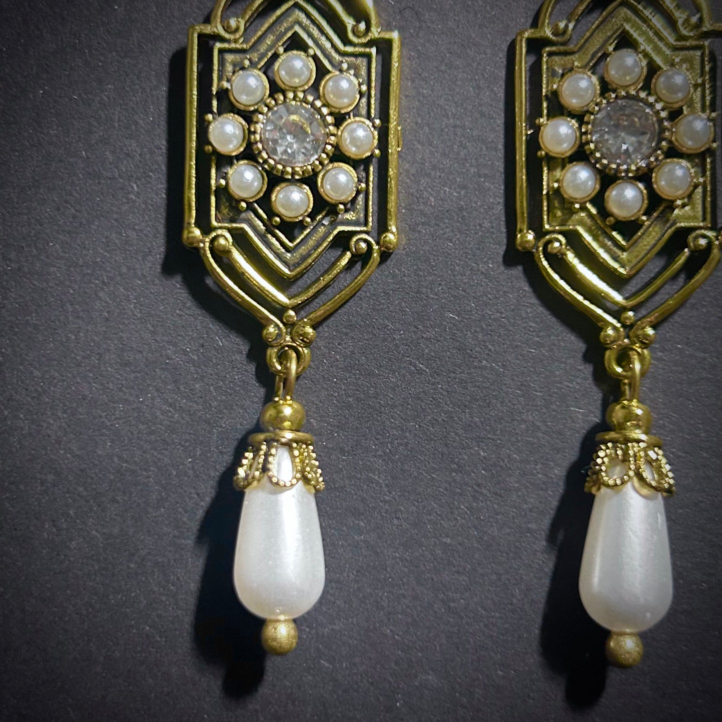 Art Nouveau Pearl & Rhinestone Geometric Gold Earrings