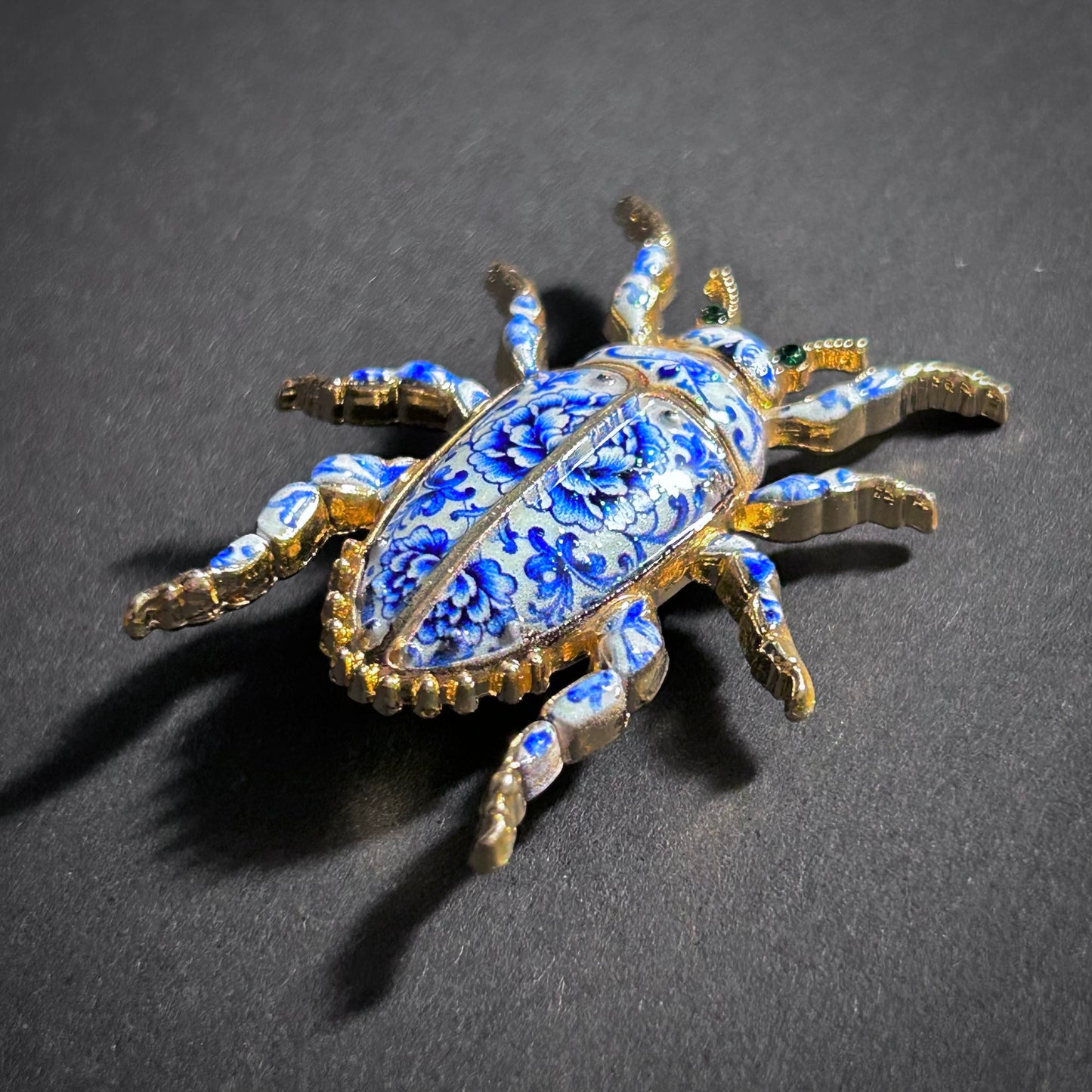 White & Blue Porcelain Enamel Gold Beetle Brooch