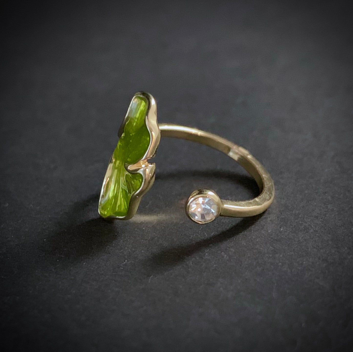 Ginkgo Leaf Enamel & Rhinestone Ring