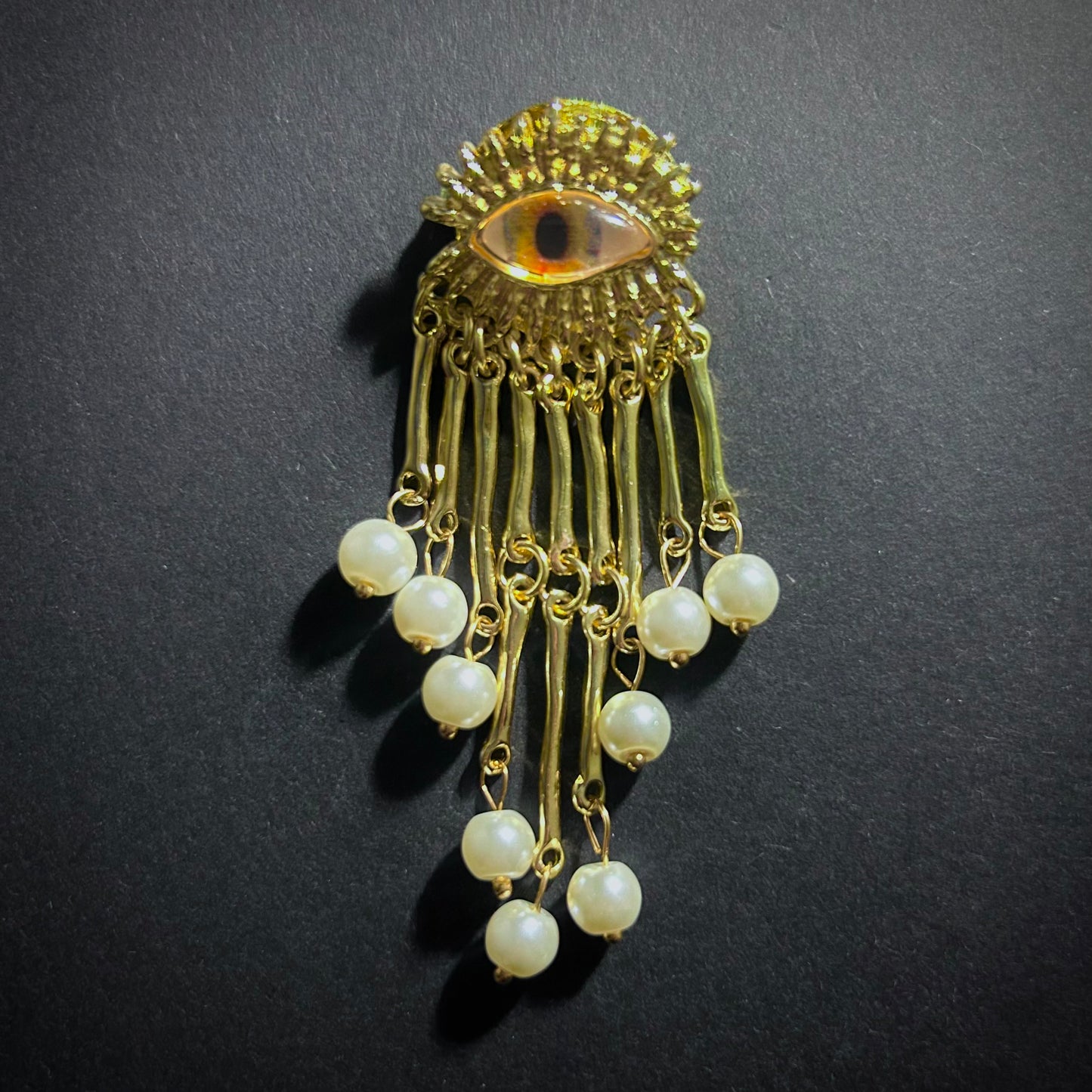 Golden Eye & Pearls Fringe Gold Surrealist Brooch