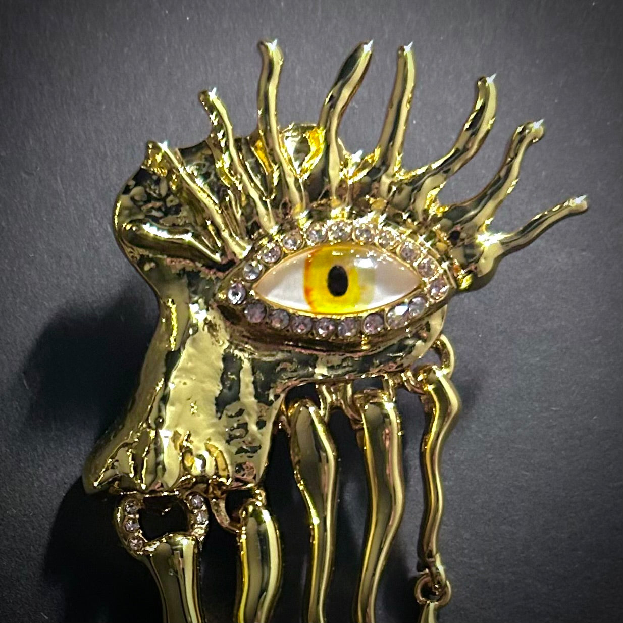 Yellow Eye Dripping Metal Fringe, Gold & Rhinestones Surrealist Earrings