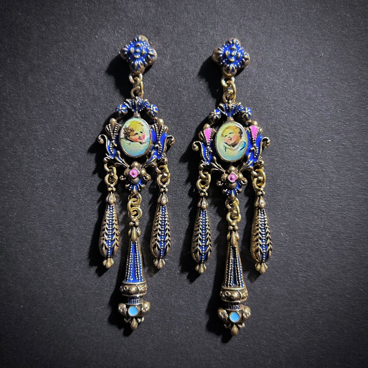 Rococo Enamel, Milgrain & Cherub Chandelier Earrings in Gold & Dark Blue
