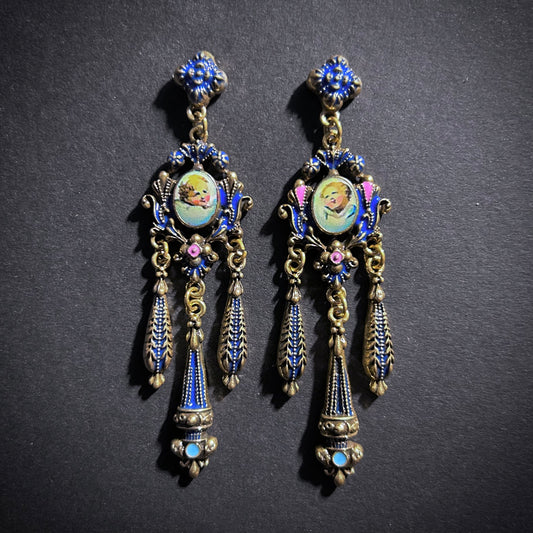 Rococo Enamel, Milgrain & Cherub Chandelier Earrings in Gold & Dark Blue