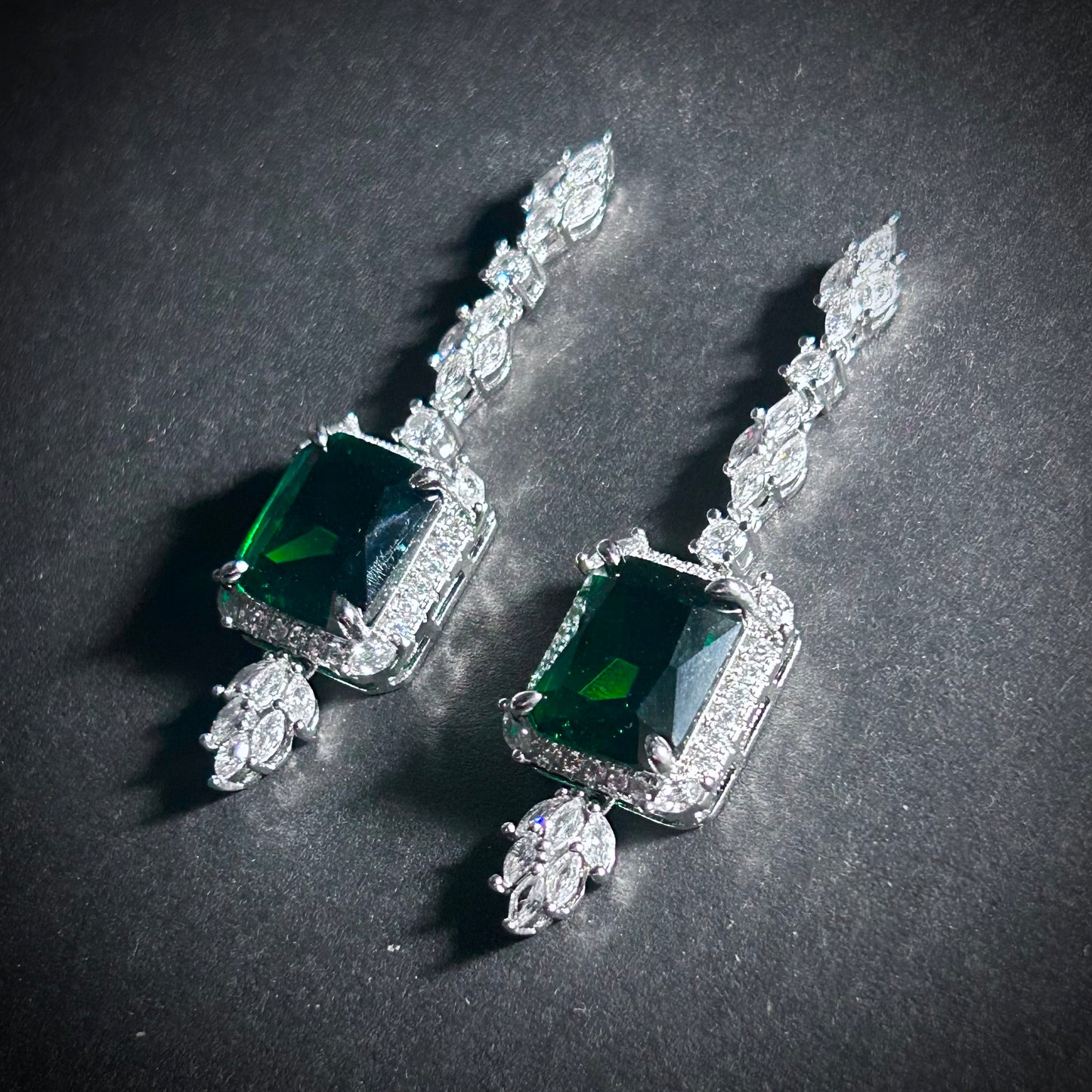 Ornate Emerald Rectangle Dangle Stud Earrings