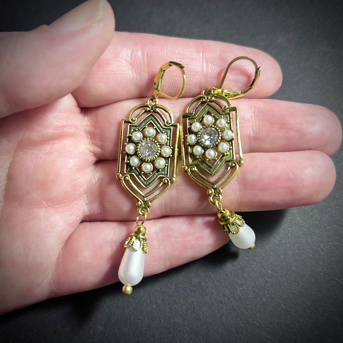 Art Nouveau Pearl & Rhinestone Geometric Gold Earrings