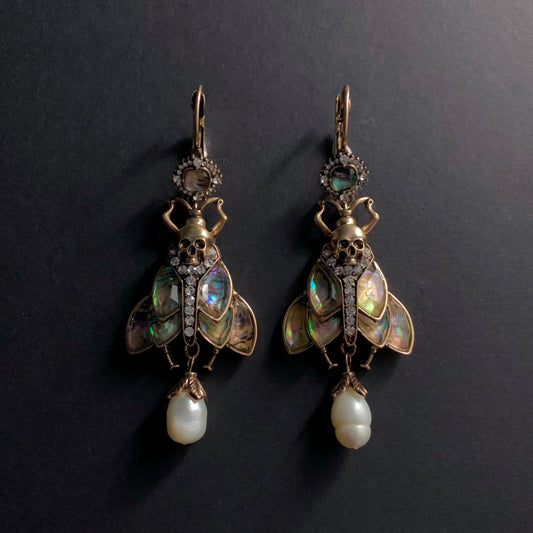 Moth, Skull & Baroque Pearl Abalone Statement Earrings