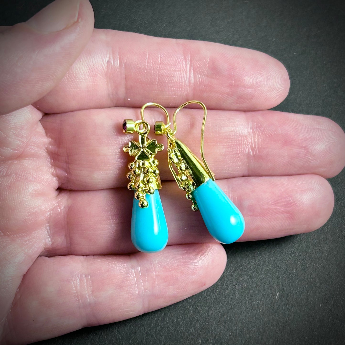 Turquoise Teardrop & Amethyst Rhinestone Gold Hook Earrings