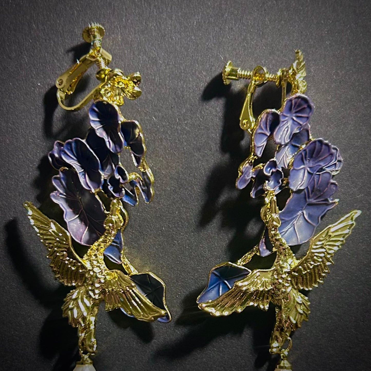 Crane & Dark Blue Clouds Art Nouveau Cloisonné Clip-On Earrings