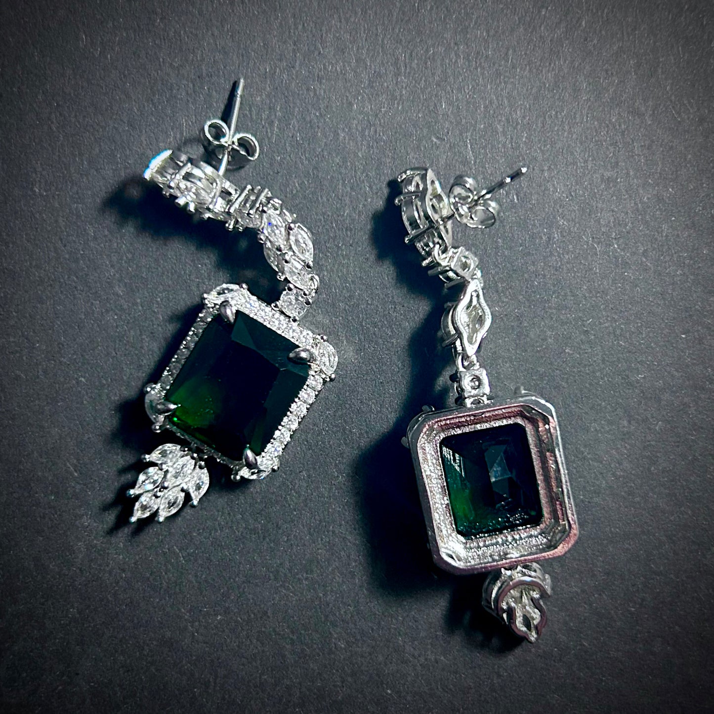 Ornate Emerald Rectangle Dangle Stud Earrings