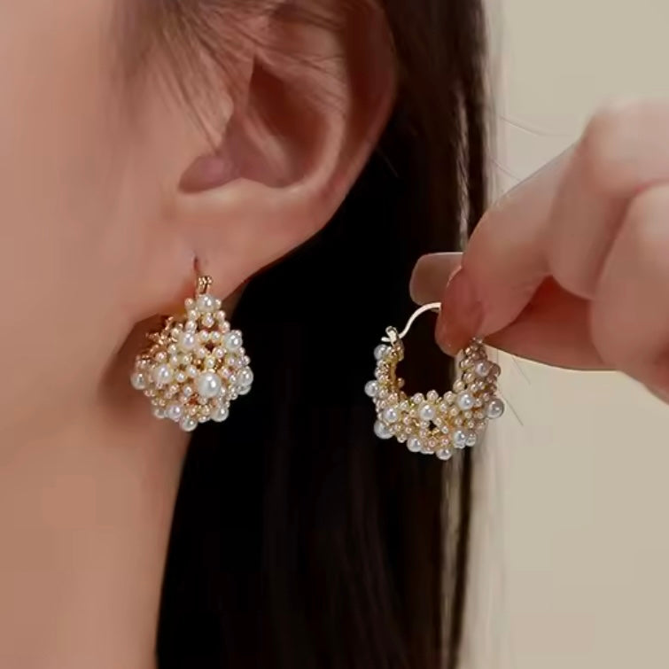 White Pearl Cluster Gold Hoop Earrings