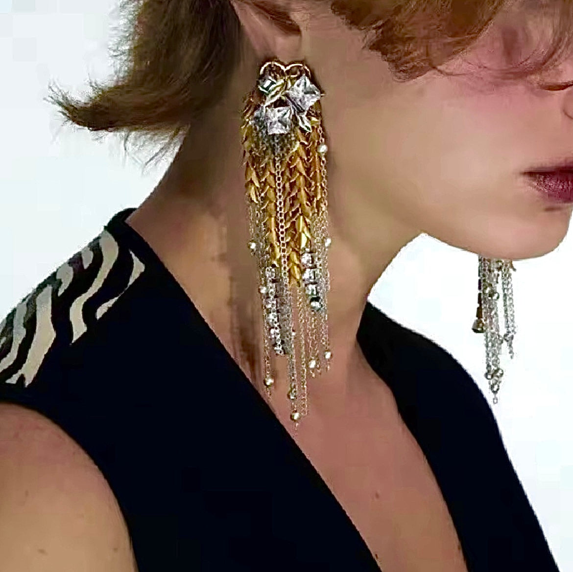 Leaves, Chains & Cubic Zirconia Mixed Metal Tassel Statement Earrings