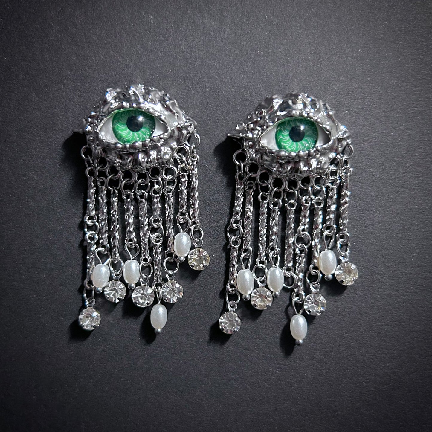 Green Eyes & Baroque Pearl Silver Fringe Surrealist Earrings